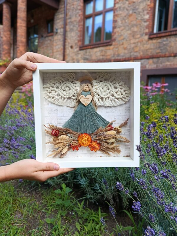 Makramowy Anioł Stróż w ramce - Rustykalny