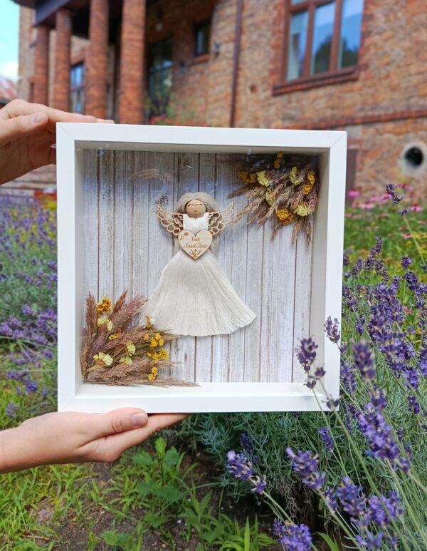 Makramowy Anioł Stróż w ramce - Naturalny