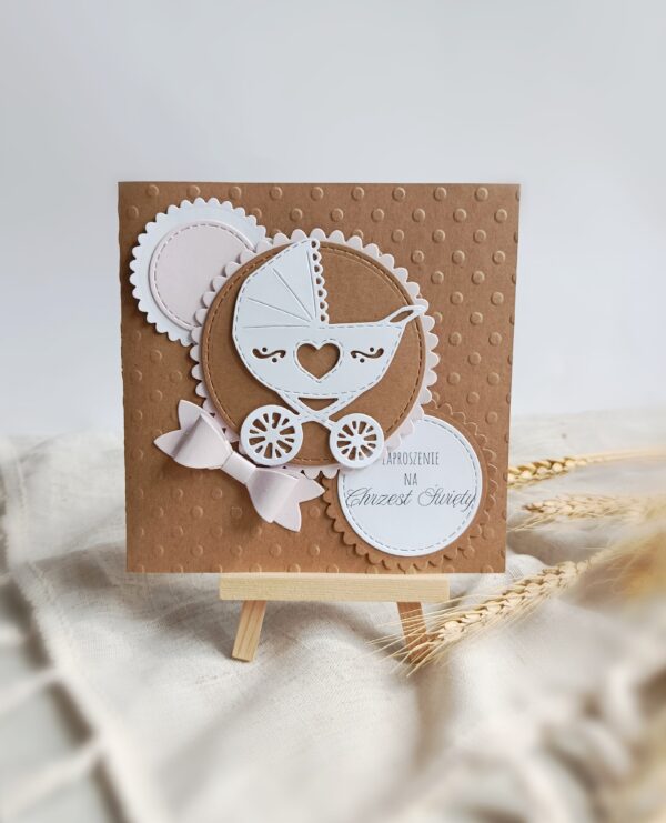 Zaproszenia na Chrzest Święty - Pudrowy wózek