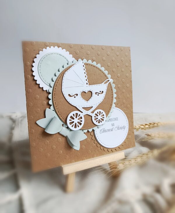 Zaproszenia na Chrzest Święty - Miętowy wózek