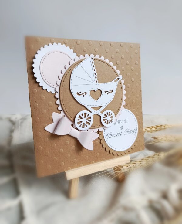 Zaproszenia na Chrzest Święty - Pudrowy wózek